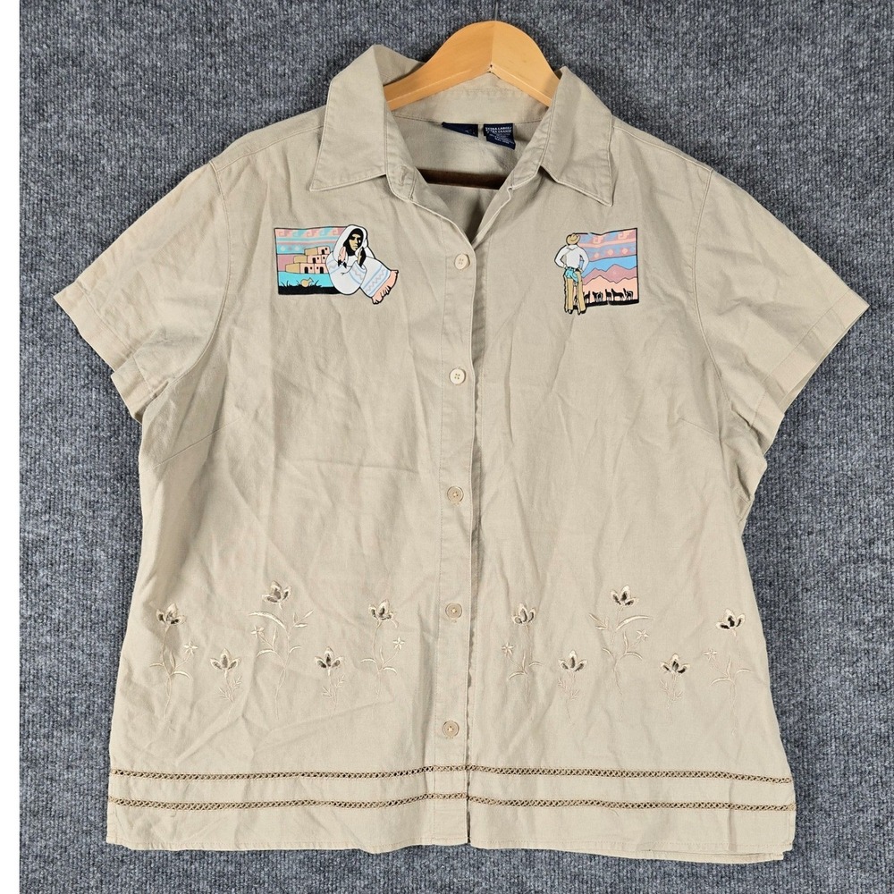 Basic Editions Women's Khaki Linen Blend Embroidered Western Scene Shirt Sz XL